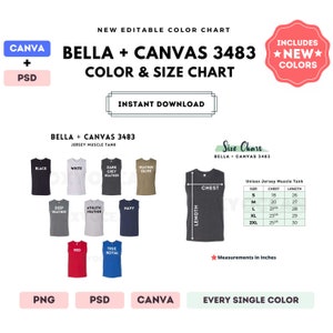 Bella Canvas 3483 Tabla de colores y tallas / Plantilla editable de Canva / Camiseta sin mangas de jersey 3483 / Tabla de tallas 3483 / Plantilla editable de CANVA + PSD