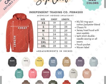 Independent Trading Co. PRM4500 Tabela de tamanhos e cores | Modelo Canva EDITÁVEL | Moletom com capuz PRM4500 | Tabela de tamanhos PRM4500