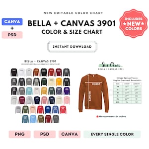 Bella Canvas 3901 - Tabla de colores y tallas / Plantilla editable de Canva / Sudadera de cuello redondo raglán 3901 / Tabla de tallas 3901 / Plantilla CANVA + PSD