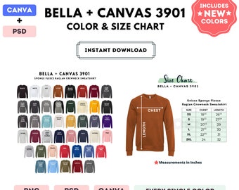 Bella Canvas 3901 Color + Size Chart | EDITABLE Canva Template | 3901 Raglan Crewneck Sweatshirt | 3901 Size Chart | CANVA + PSD Template