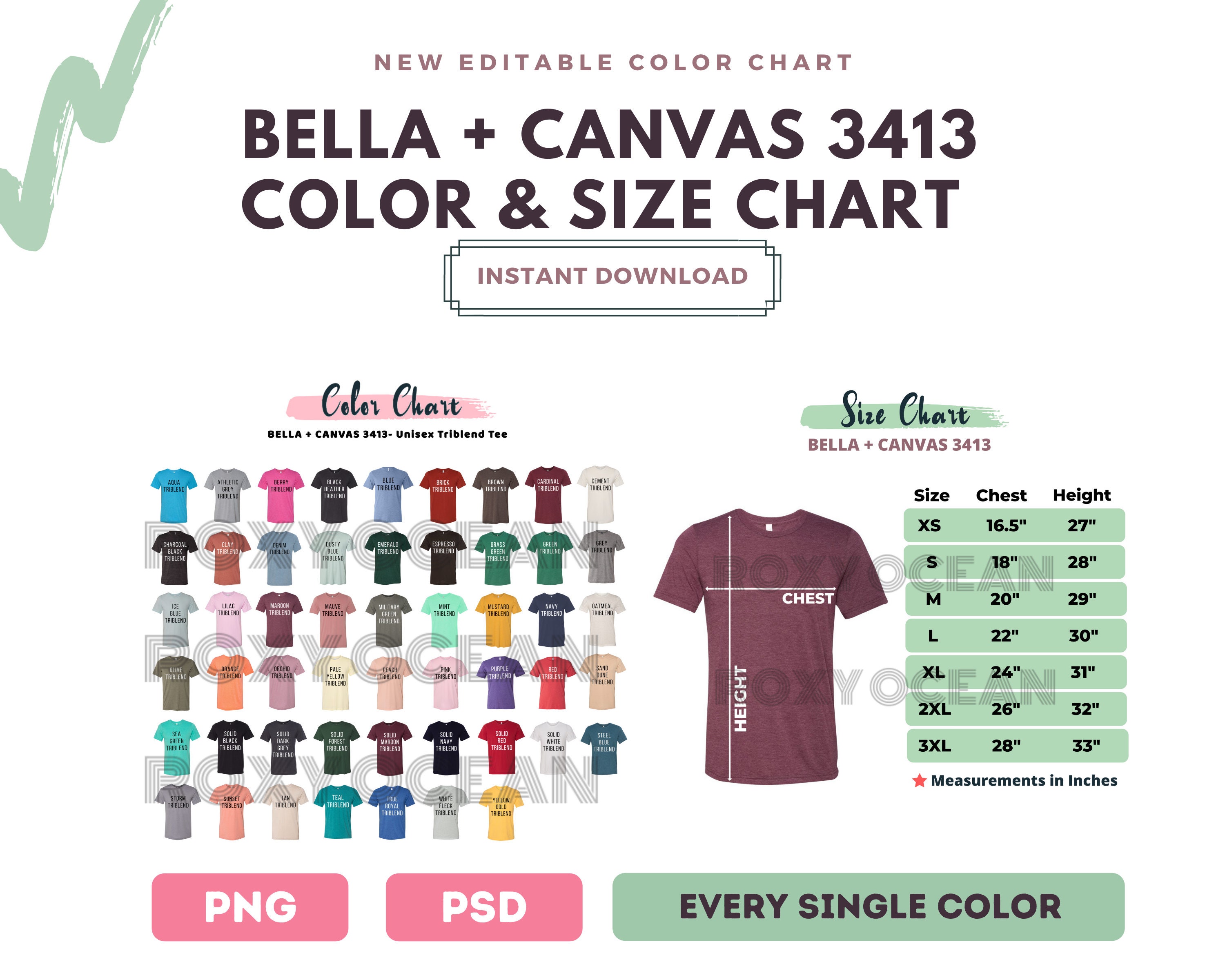 Download Bella Canvas 3413 Color Chart Digital File Color and Size ...