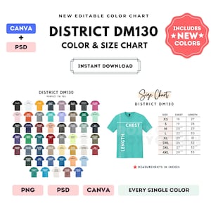 May include: A digital color and size chart for District DM130 t-shirts. Includes a grid of various colored t-shirt icons, a teal t-shirt diagram with chest and length labels, and a table listing sizes XS to 4XL with measurements in inches.