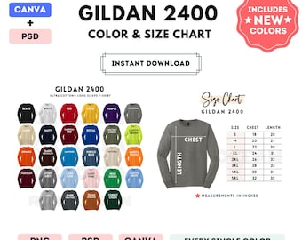 G240 kleur- en maattabel | BEWERKBARE canvassjabloon | G240 T-shirt met lange mouwen | G240-maattabel | CANVA + PSD bewerkbare kleurenkaart