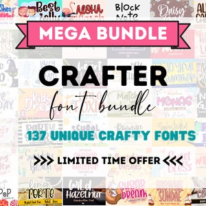 May include: A promotional image for a font bundle. The image features a variety of fonts with the words "MEGA BUNDLE" and "CRAFTER font bundle" in large text. The image also states "137 UNIQUE CRAFTY FONTS" and "LIMITED TIME OFFER."