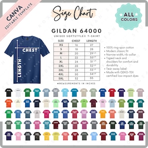 Gildan 64000 Size + Color Chart | EDITABLE Canva Template | G640 Unisex Softstyle T-Shirt | G640 Size Chart | CANVA Editable Size Chart
