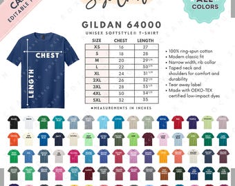 Gildan 64000 Size + Color Chart | EDITABLE Canva Template | G640 Unisex Softstyle T-Shirt | G640 Size Chart | CANVA Editable Size Chart