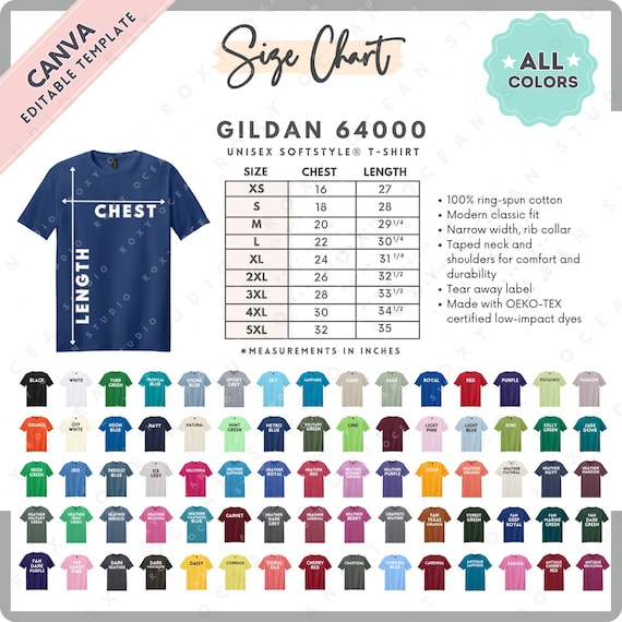 Gildan 64000 Size + Color Chart | EDITABLE Canva Template | G640 Unisex Softstyle T-Shirt | G640 Size Chart | CANVA Editable Size Chart
