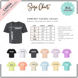 Tabla de tallas y colores Comfort Colors 3023CL / Plantilla Canva EDITABLE / Camiseta cuadrada de peso pesado 3023CL / Tabla de tallas 3023CL / Plantilla CANVA editable