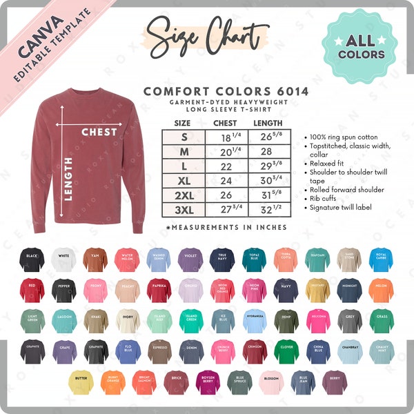 Comfort Colors 6014 Size + Color Chart | EDITABLE Canva Template | 6014 Long Sleeve T-Shirt | 6014 Size Chart | CANVA Editable Size