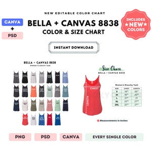 Bella Canvas 8838 Color + Size Chart | EDITABLE Canva Template | 8838 Women&#39;s Slouchy Tank | 8838 Size Chart | CANVA + PSD Editable Template