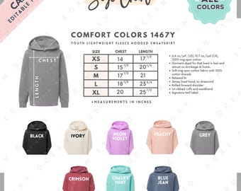 Tabela de Tamanhos e Cores Comfort Colors 1467Y | Modelo EDITÁVEL no Canva | Moletom com Capuz Infantil 1467Y | Tabela de Tamanhos 1467Y | Modelo Editável no Canva