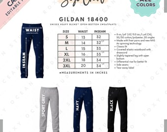 Tabela de Tamanhos e Cores Gildan 18400 | Modelo EDITÁVEL no Canva | Calça de Moletom Unissex G184 em Tecido Pesado | Tabela de Tamanhos G184 | Tabela de Tamanhos Editável no Canva