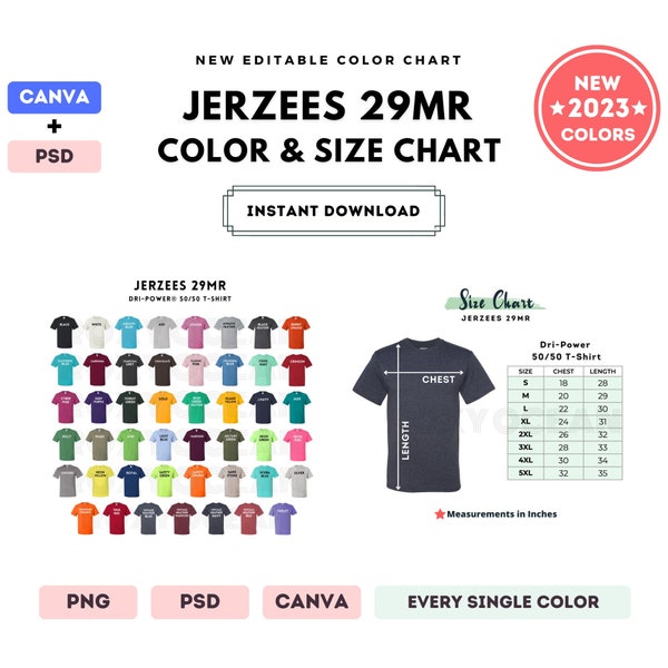 Jerzees 29MR Color + Size Chart | EDITABLE Canva Template | 29MR Dri-Power 50/50 T-Shirt | 29MR Size Chart | CANVA + PSD Editable Template