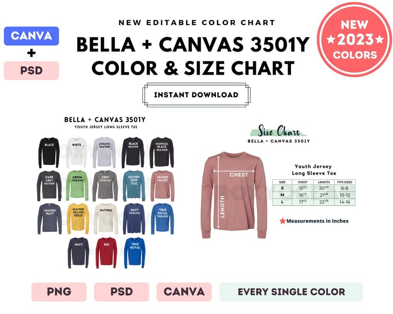 Bella Canvas 3501Y Color Size Chart EDITABLE Canva Etsy
