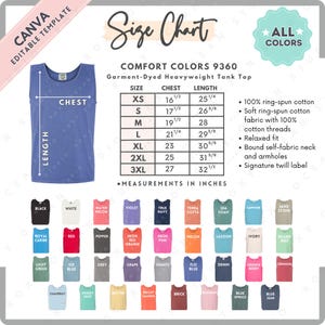 Tabla de tallas y colores Comfort Colors 9360 / Plantilla Canva EDITABLE / Camiseta sin mangas de peso pesado 9360 / Tabla de tallas 9360 / Tabla de tallas editable CANVA