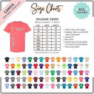 Tabla de tallas y colores de Gildan 5000 / Plantilla Canva EDITABLE / Camiseta de algodón pesado G500 / Tabla de tallas G500 / Tabla de tallas editable CANVA