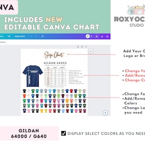 Gildan 64000 Size + Color Chart | EDITABLE Canva Template | G640 Unisex Softstyle T-Shirt | G640 Size Chart | CANVA Editable Size Chart image 2