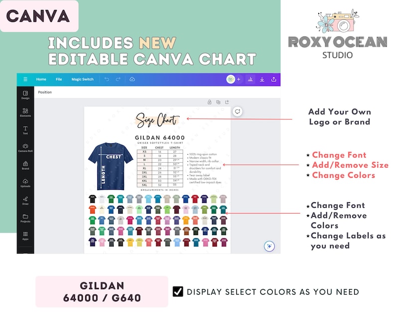 Gildan 64000 Size + Color Chart | EDITABLE Canva Template | G640 Unisex Softstyle T-Shirt | G640 Size Chart | CANVA Editable Size Chart image 2