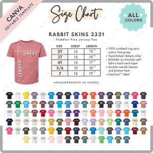 Tabla de tallas y colores de Rabbit Skins 3321 / Plantilla Canva EDITABLE / Camiseta de jersey fino para niños pequeños 3321 / Tabla de tallas 3321 / Tabla de tallas editable CANVA