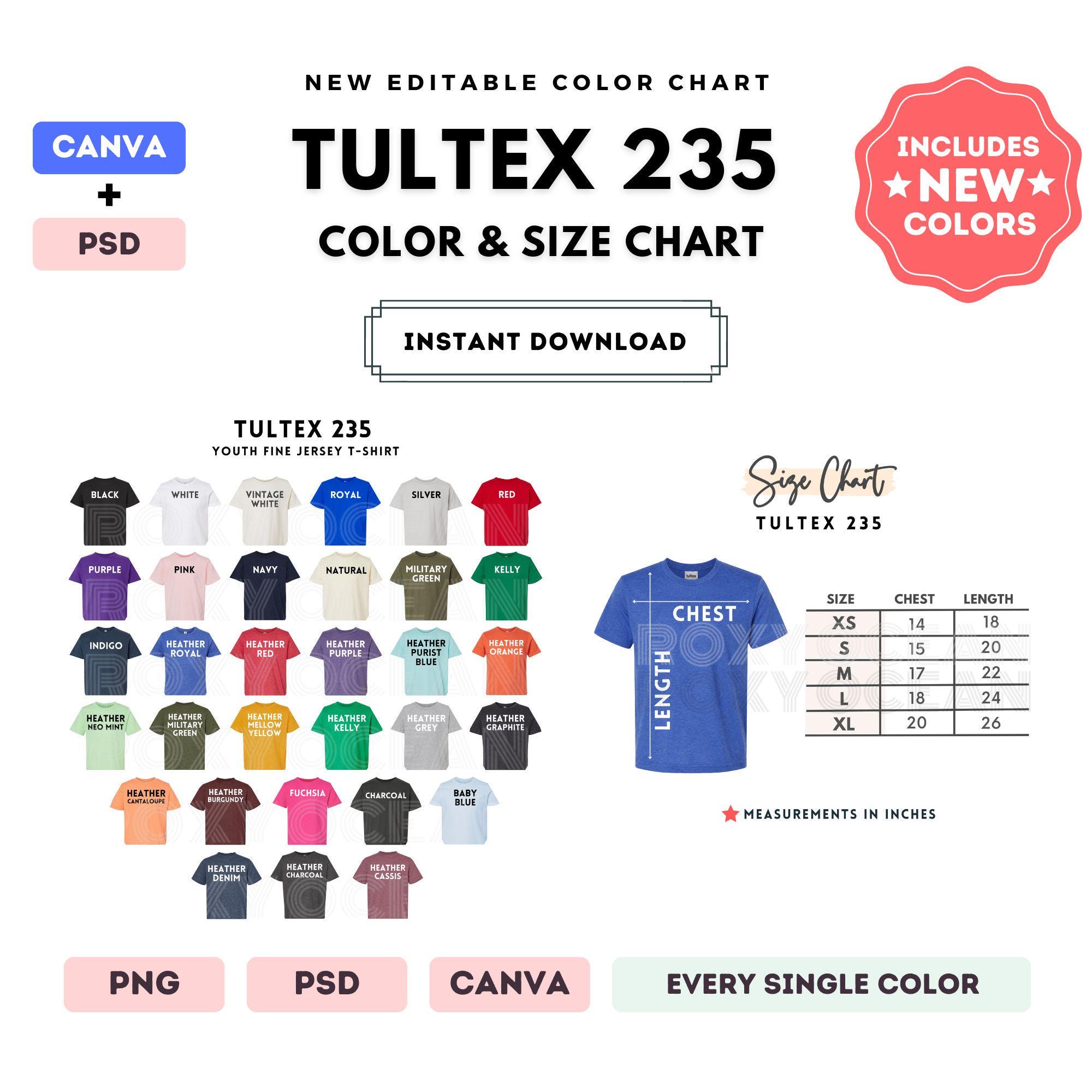 Tultex 235 Color + Size Chart | EDITABLE Canva Template | 235 Youth ...