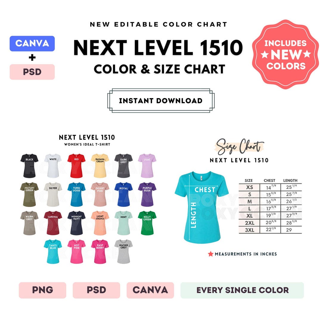 Next Level 1510 Color + Size Chart | EDITABLE Canva Template | 1510 ...