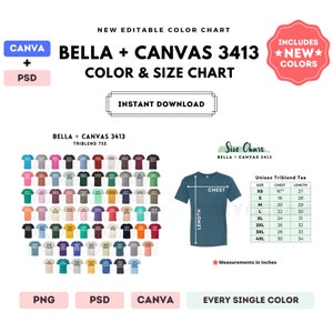 Bella Canvas 3413 Tabla de colores y tallas / Plantilla Canva editable / Camiseta Triblend 3413 / Tabla de tallas 3413 / Tabla de colores editable CANVA + PSD