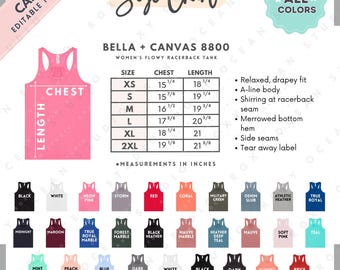Bella Canvas 8800 Size + Color Chart | Editable Canva Template | 8800 Women's Flowy Racerback Tank | 8800 Size Chart | CANVA Editable