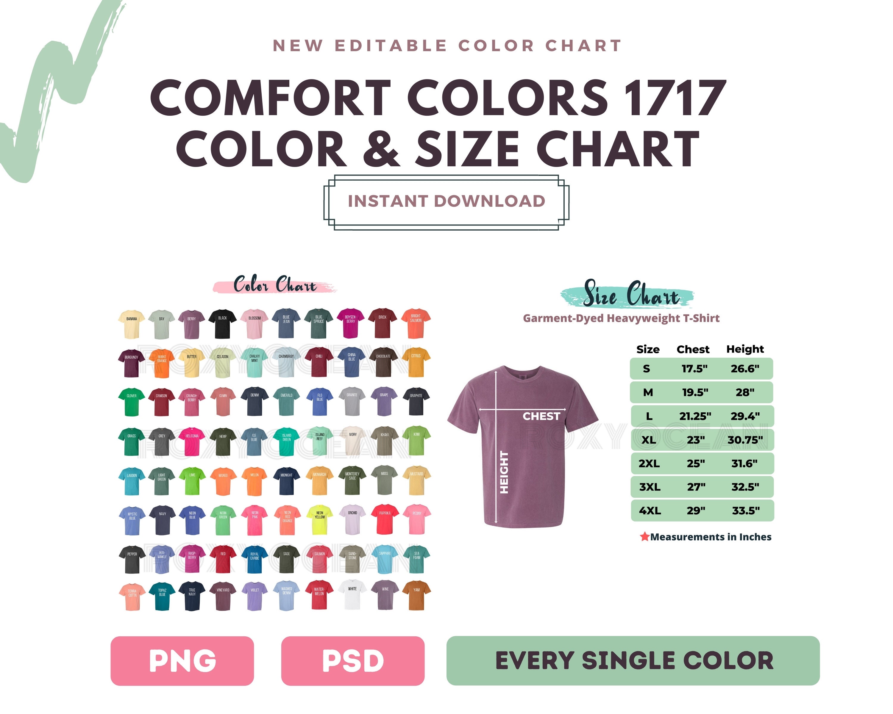 Comfort Colors 1717 Color Chart Digital File Color and Size Etsy