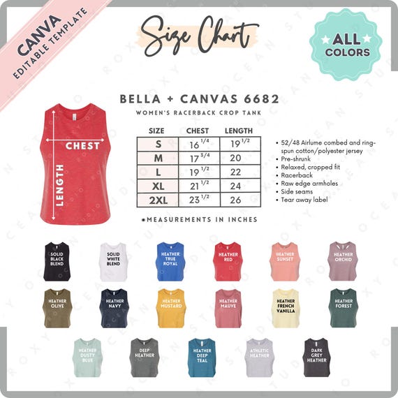 Bella Canvas 6682 Size Color Chart Editable Canva Template