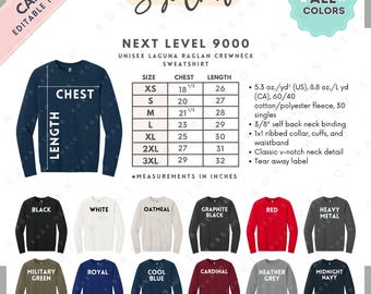 Next Level 9000 Size + Color Chart | EDITABLE Canva Template | 9000 Raglan Crewneck Sweatshirt | 9000 Size Chart | CANVA Editable Size Chart