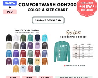 Comfortwash GDH200 Color + Size Chart | EDITABLE Canva Template | GDH200 Long Sleeve T-Shirt | GDH200 Size Chart | CANVA + PSD Editable