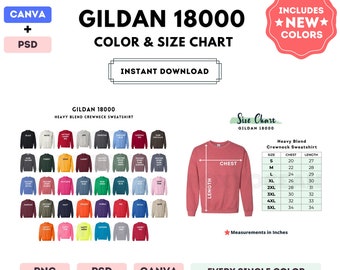 G180 Color + Size Chart | EDITABLE Canva Template | G180 Crewneck Sweatshirt | G180 Size Chart | CANVA + PSD Editable Color Chart