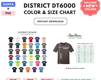 District DT6000 Color + Size Chart | EDITABLE Canva Template | DT6000 Very Important Tee | DT6000 Size Chart | CANVA + PSD Editable Template