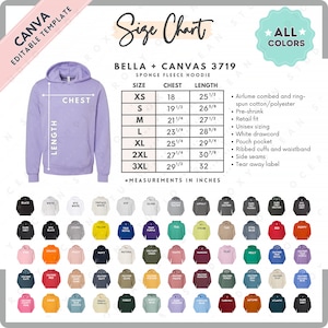 Bella Canvas 3719 Talla + Tabla de colores / Plantilla Canva editable / Sudadera unisex con capucha de forro polar esponja 3719 / Tabla de tallas 3719 / Talla editable en CANVA