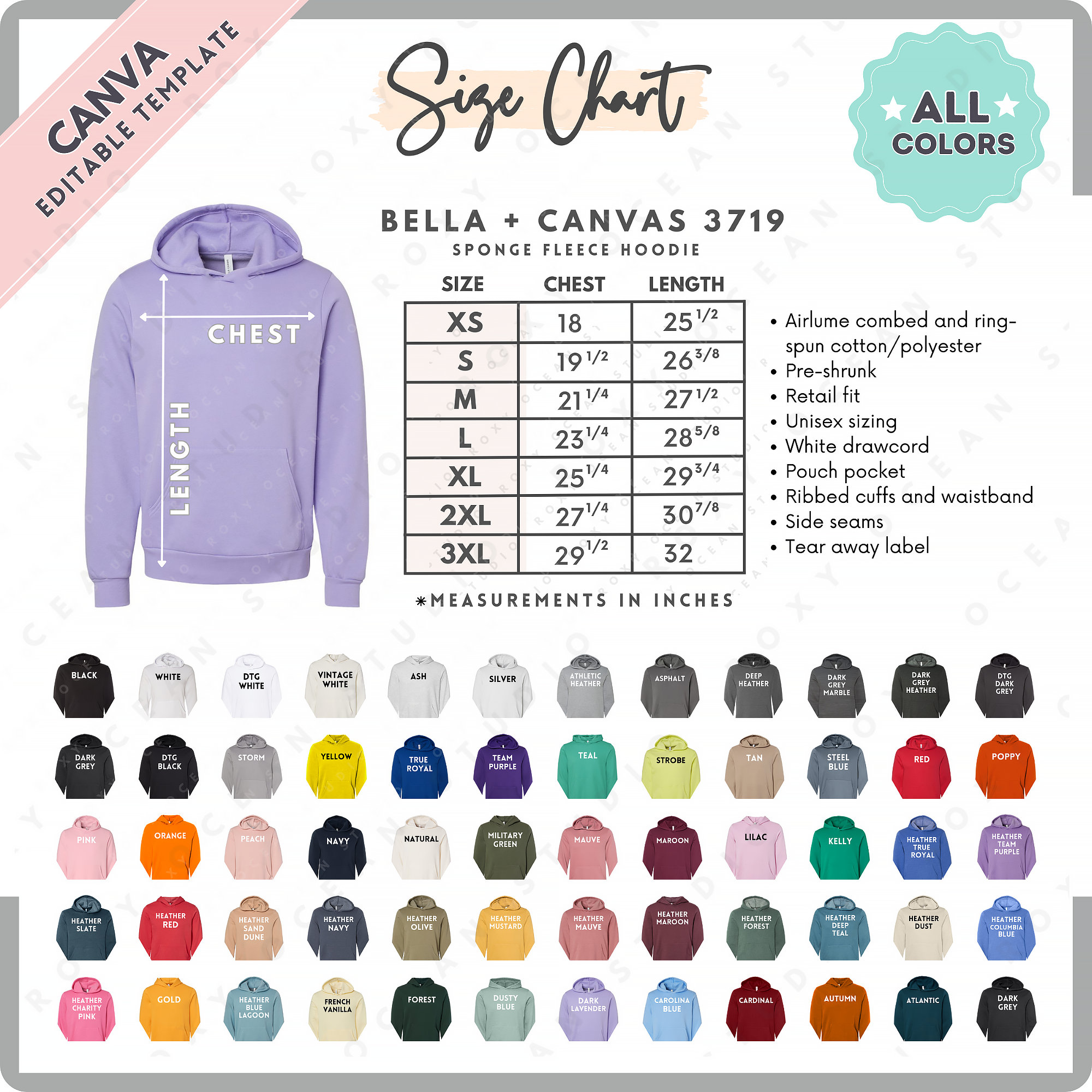 Bella Canvas 3719 Size + Color Chart | EDITABLE Canva Template | 3719 ...