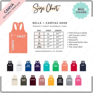 Tabla de tallas y colores Bella Canvas 6008 / Plantilla Canva EDITABLE / Camiseta sin mangas con espalda cruzada para mujer 6008 / Tabla de tallas 6008 / Talla editable en CANVA