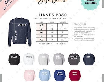 Tabela de Tamanhos e Cores do Moletom Hanes P360 | Modelo EDITÁVEL no Canva | Moletom Juvenil P360 com Gola Redonda | Tabela de Tamanhos do P360 | Tabela de Tamanhos Editável no Canva