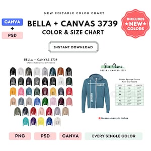 Bella Canvas 3739 Tabla de colores y tallas / Plantilla Canva editable / Sudadera con capucha y cierre completo 3739 / Tabla de tallas 3739 / Tabla de colores editable en CANVA + PSD