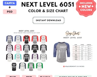 Tabella colori e taglie Next Level 6051 / Modello Canva modificabile / T-shirt raglan unisex in tessuto misto 6051 / Tabella taglie 6051 / CANVA + PSD modificabile