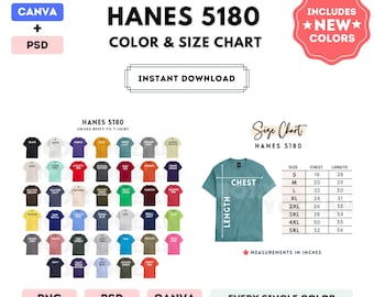 Hanes 5180 Color + Size Chart | EDITABLE Canva Template | 5180 Unisex Beefy-T T-Shirt | 5180 Size Chart | CANVA + PSD Editable Chart