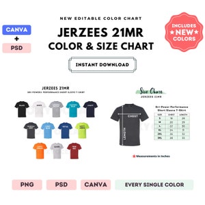 Jerzees 21MR Color + Size Chart | EDITABLE Canva Template | 21MR Performance Short Sleeve T-Shirt | 21MR Size Chart | CANVA + PSD Editable