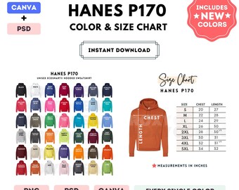 Hanes P170 Color + Size Chart | EDITABLE Canva Template | P170 Unisex Hooded Sweatshirt | P170 Size Chart | CANVA + PSD Editable Color Chart