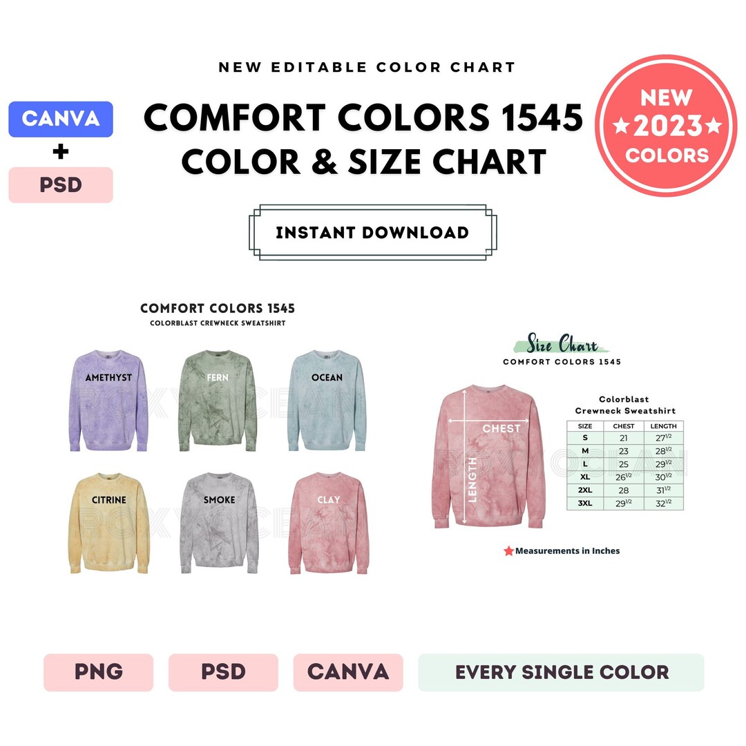 Comfort Colors 1545 Color Size Chart EDITABLE Canva Template 1545