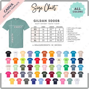 Gildan 5000B Größe + Farbkarte | EDITIERBARE Canva Vorlage | G500B Heavy Cotton Jugend T-Shirt | G500B Größentabelle | CANVA bearbeitbare Größentabelle