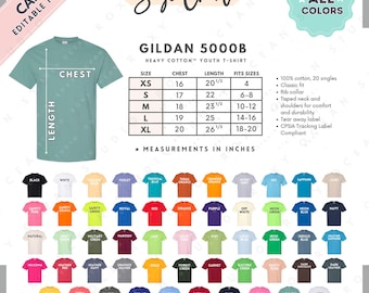 Gildan 5000B Tableau des tailles et des couleurs | Modèle de toile MODIFIABLE | T-shirt pour jeunes en coton épais G500B | Tableau des tailles G500B | Tableau des tailles modifiable CANVA