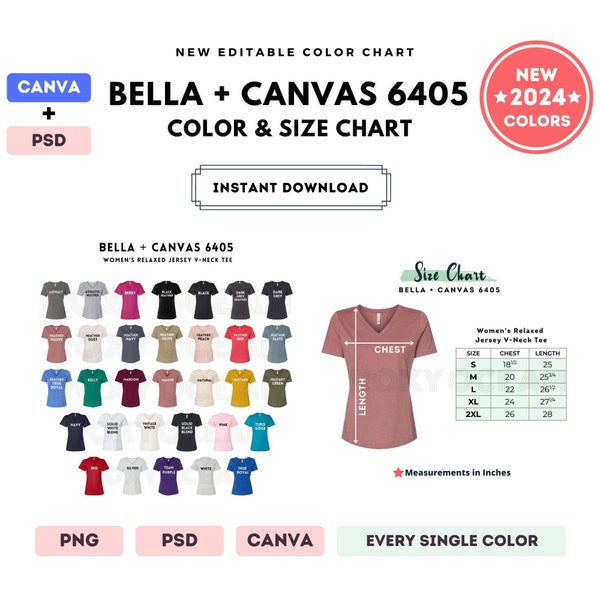 Bella Canvas 6405 Color + Size Chart | EDITABLE Canva Template | 6405 Jersey V-Neck Tee | 6405 Size Chart | CANVA + PSD Editable Color Chart