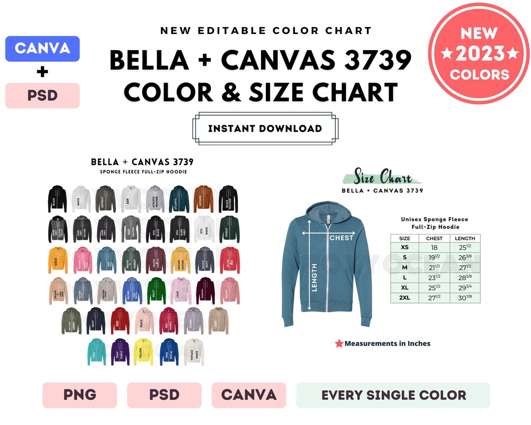 Bella Canvas 3739 Color Size Chart EDITABLE Canva Template - Etsy