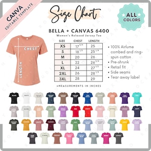 Tabla de tallas y colores Bella Canvas 6400 / Plantilla Canva EDITABLE / Camiseta de jersey relajada para mujer 6400 / Tabla de tallas 6400 / Talla editable CANVA