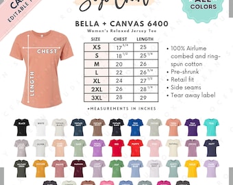 Bella Canvas 6400 Größe + Farbkarte | EDITIERBARE Canva Vorlage | 6400 Frauen entspanntes Jersey-T-Shirt | 6400 Größentabelle | CANVA Bearbeitbare Größe