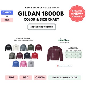 Tabla de colores y tallas G180B / Plantilla Canva editable / Sudadera juvenil G180B / Tabla de tallas G180B / Tabla de colores editable CANVA + PSD